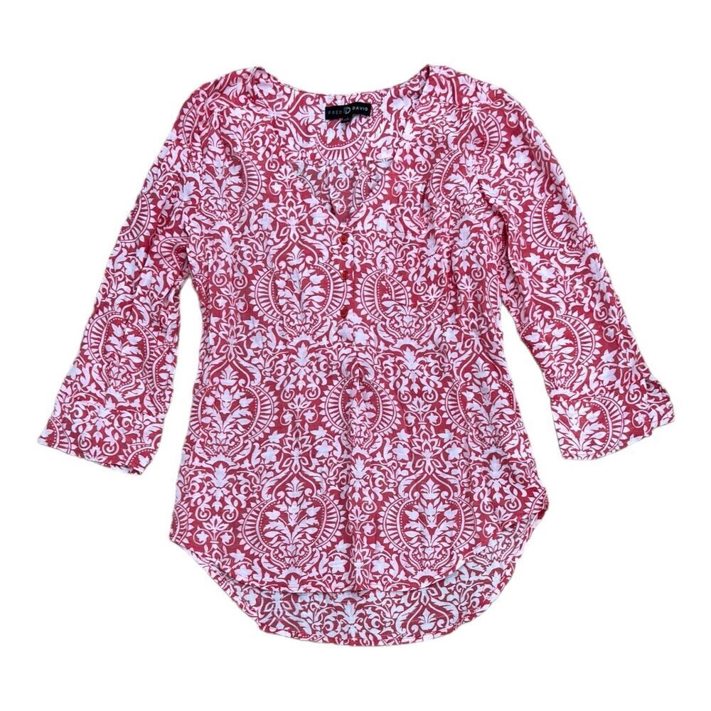 Fred David Red Floral Rayon Blouse S